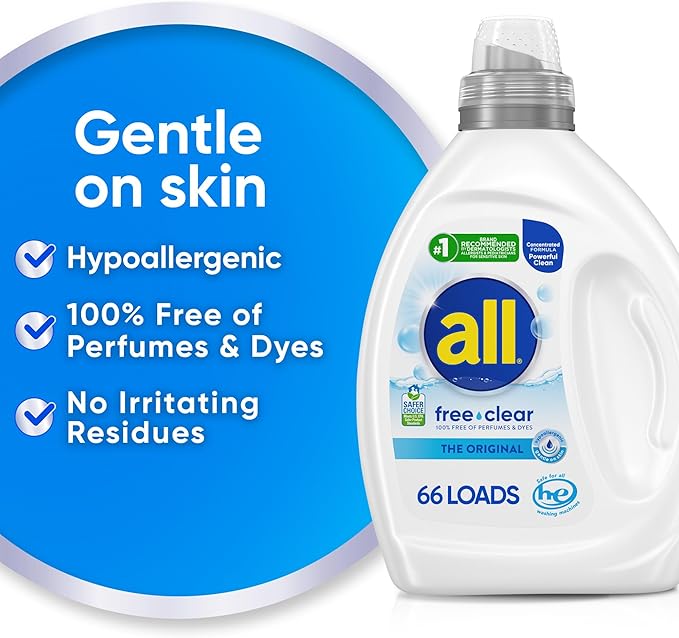 all free clear, Original, Liquid Laundry Detergent for Sensitive Skin, Unscented and Hypoallergenic, Concentrated