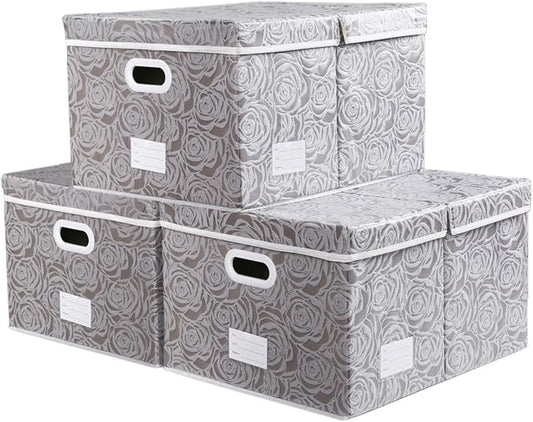 PRANDOM Jumbo Collapsible Storage Boxes with Lids Fabric Decorative Storage Bins Cubes Organizer Baskets with Cover Handles Divider for Bedroom Closet Living Room 23.2x15.7x11.6 Inch 3 Pack