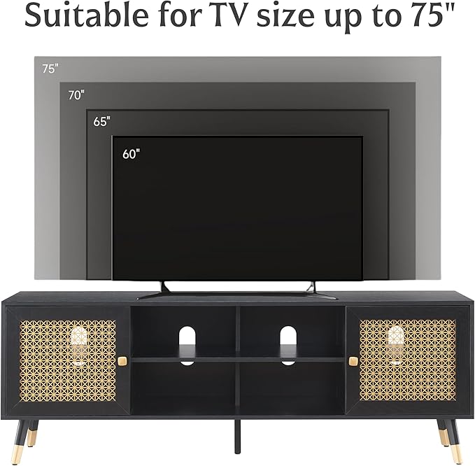 Black TV Stand for 75 inch TVs, 66" Mid Century Modern Media Console, Long Entertainment Center with Storage Cabinet for Living Room