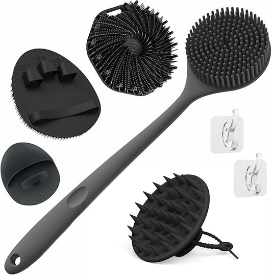Manmihealth Silicone Back Scrubber & Soft Bath Glove, Silicone Scalp Massager Set 5 PCS, Super-Exfoliating Body Scrubber Shower Brush & Shampoo Brush Combination, with 2 Free Hooks (Style 1 Black)