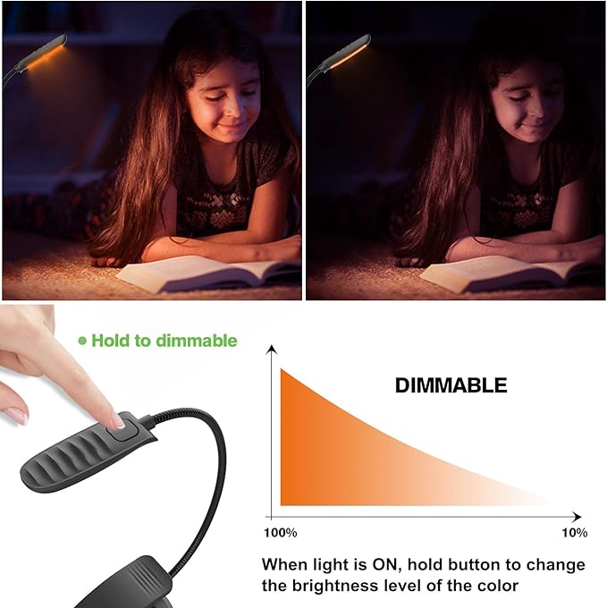 BIGMONAT Led Book Reading Light, Rechargeable Amber Book Night Light, Portable Bendable Neck, USB, Brightness Adjustable, Reduces Eye Strain, Black