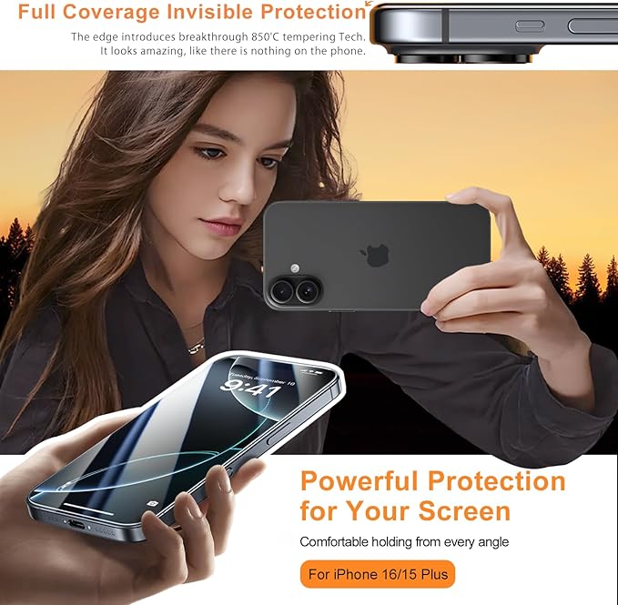 2 Pack for iPhone 16 Plus/iPhone 15 Plus Screen Protector, [9H Hardness] Tempered-Glass Screen Protector with Auto-Alignment Kit, HD Clear, Scratch Resistant