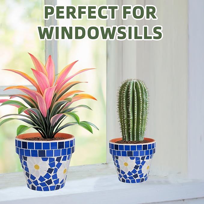 VOREEN Mosaic & Terracotta Plant Pots, 2 Pack Handmade Flower Pots with Drainage, Decorative Daisy Style Planters for Indoor Outdoor Plants, Home & Garden Decor, Gift for Mom Wife Friend