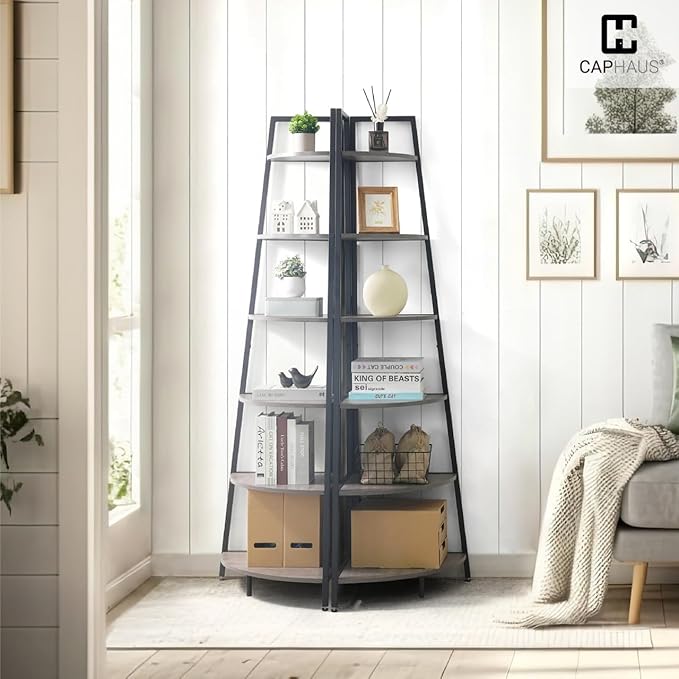 CAPHAUS Tall Corner Shelf Stand, 6-Tier Display Shelves, Ladder Corner Wood Storage Plant Bookshelf with Metal Frame, Versatile Shelving Unit Bookcase for Home Office Space, Dark Grey