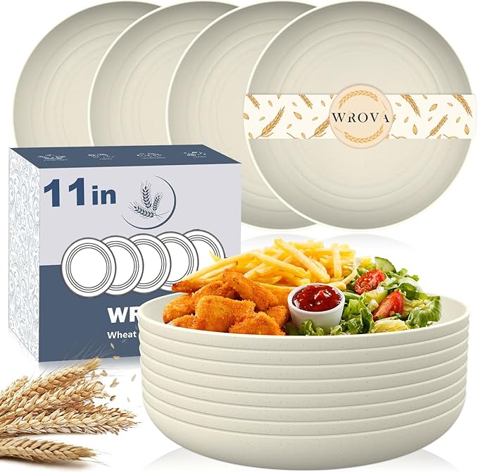 Large Wheat Straw Dinner Plates - 11 Inch Set of 8 - Unbreakable, Dishwasher & Microwave Safe - Deep Edge for Kitchen & Camping (Beige)