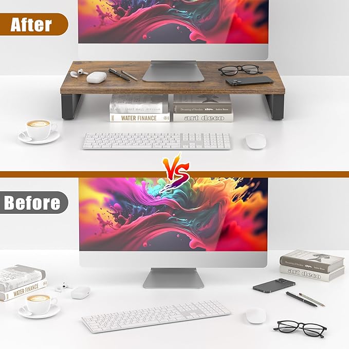 XINYAO Monitor Stand for Desk, Wood & Steel Computer Stand Riser with Storage Organizer for Office Laptop, PC, Printer 24x12 inch