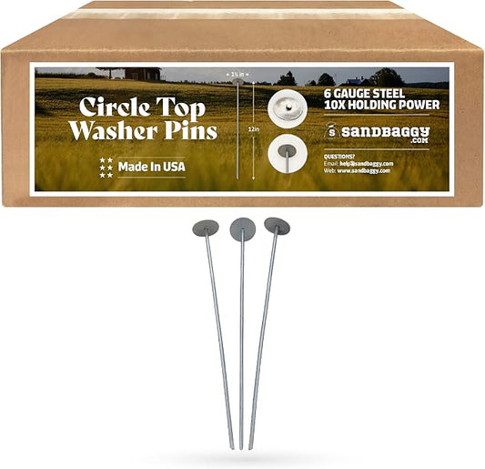 Sandbaggy 12-inch Circle Top Pins - Landscape Staples (Made in The USA) - Garden Stakes for Landscaping, SOD, Weed Barrier Fabric - Heavy Duty Ground Stakes, Lawn Turf Spikes, Decorations (100 Pins)