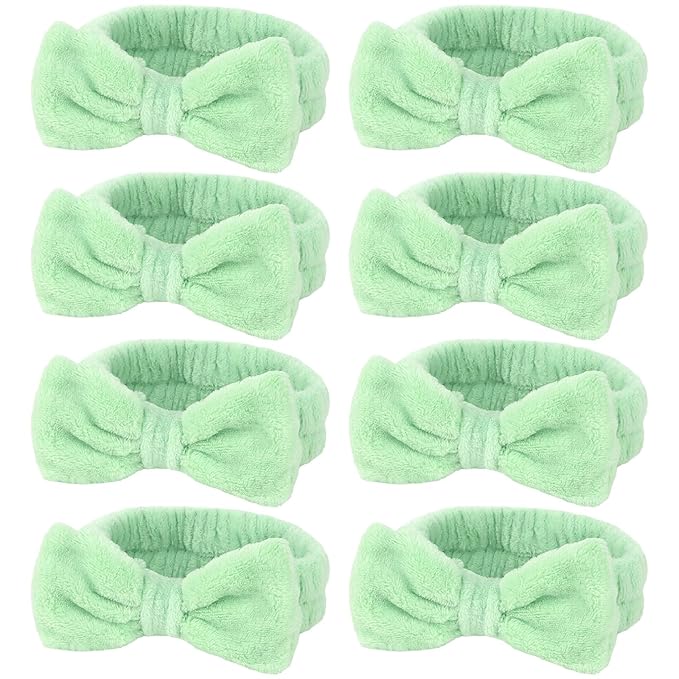 Ondder Green Spa Terry Cloth Skincare Headbands for Women - 8 Pcs Makeup Bow Hair Bands for Face Washing and Skin Care