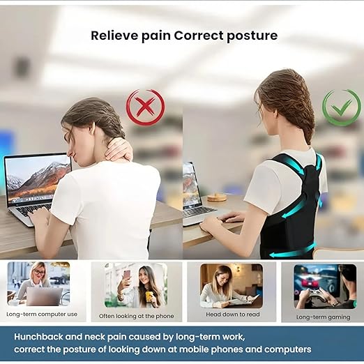 Posture Corrector Back Brace Support, Adjustable Upper Back Straightener, Black (Black, Large)