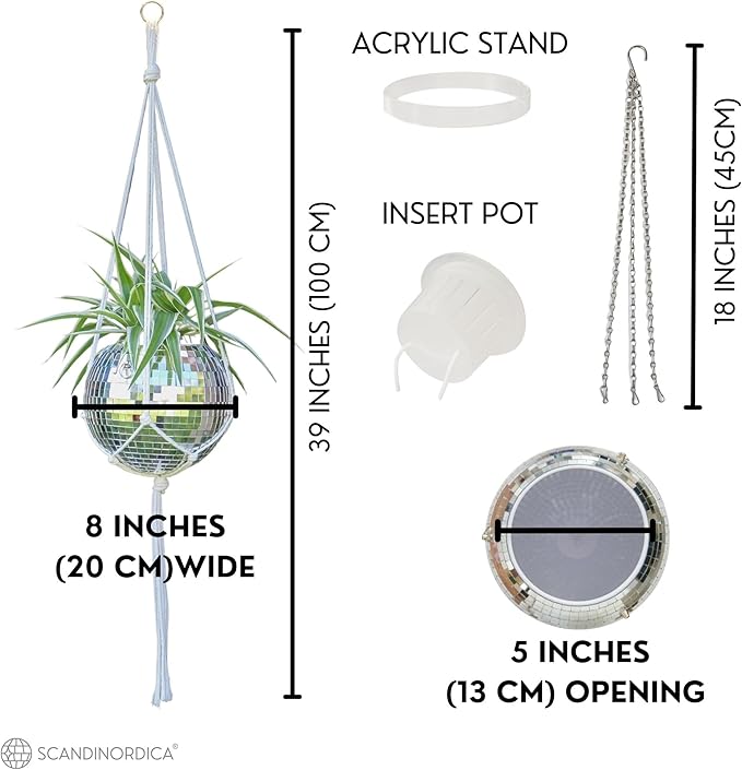 SCANDINORDICA Disco Ball Planter – Value Package: Disco Planter with Chain, Macrame Hanger and Acrylic Stand, Includes Self Watering Insert, Preppy Room Decor, Funky Decor | 8 inch Silver