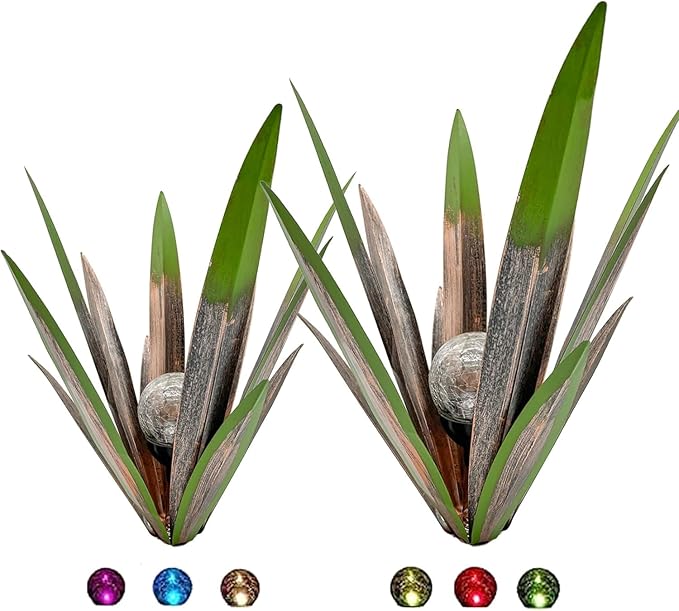 Metal Agave Plant Garden Art, 2 Pack Big Tequila Rustic Sculpture, Rustic Metal Agave Plants Lawn Home Ornaments, for Yard Stakes, Garden Figurines, Outdoor Patio (2 PCS Green with Light)