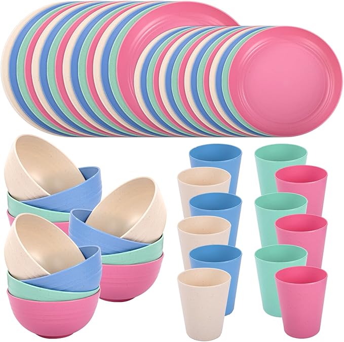 LIYH 48 Pcs Wheat Straw Dinnerware Plates and Bowls Set Dishwasher Safe Unbreakable Light Weight Plates Service for 12 Reusable Dinnerware Set Multicolor Set Dish Set
