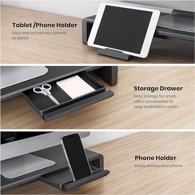 Monitor Stand Riser, Klearlook Foldable Computer Monitor Riser,Height Adjustable Computer Stand, Desk Shelf Riser with Storage Drawer & Tablet Phone Stand for Computer, Desktop, Laptop (Black)