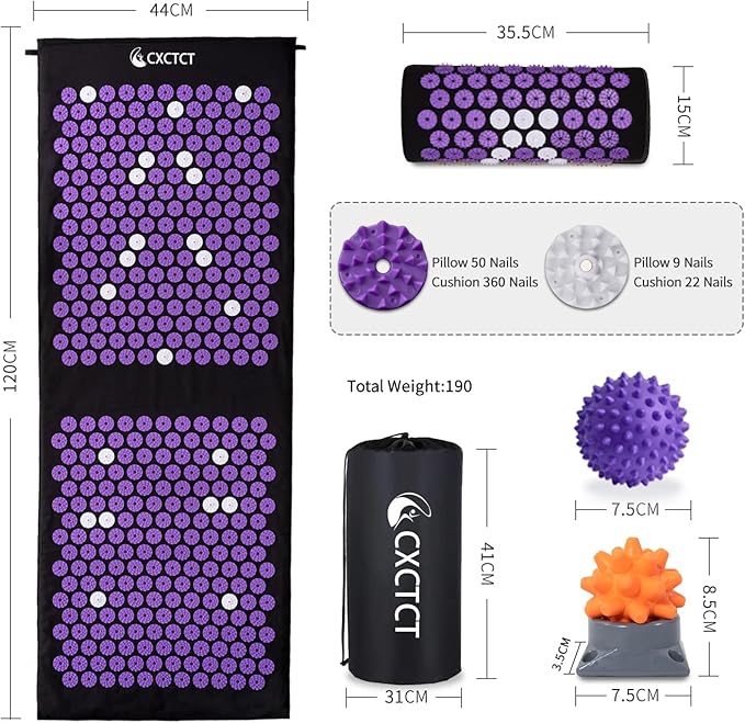 Purple Yoga Massage Mat Set,Acupuncture Magnetic Mat and Pillow - Extra Long & Large Back & Neck Pain Relief
