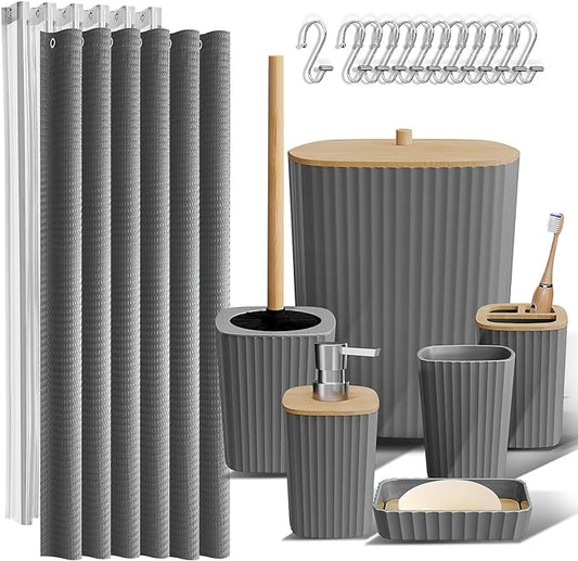 Clara Clark Bathroom Accessories Set - Grey Bathroom Set, 20PC Bathroom Accessory Set, Shower Curtain Set, Toilet Brush, Trash Can & Soap Dispenser