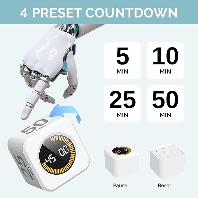 KADAMS Pomodoro Cube Timer Productivity Visual Timer - 5/10/25/50 Min Rotating Countdown, Customize Countup Silent Mode- for Work Study Cook Workout Kitchen Back to School Classroom (White)