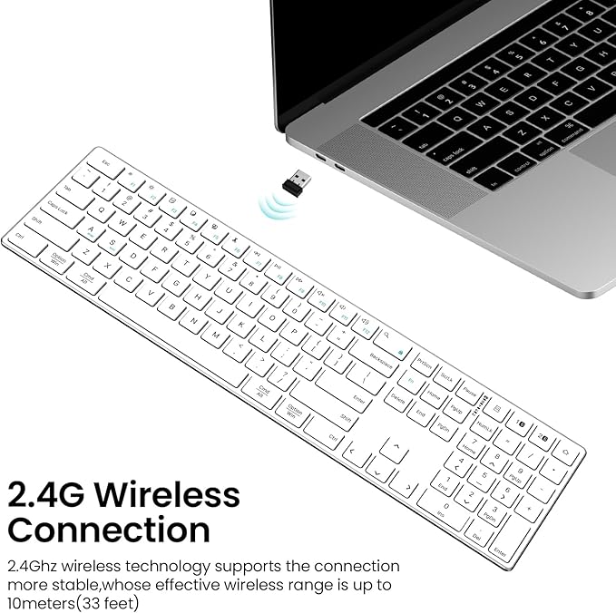 TIETI 2.4G Wireless Bluetooth Keyboard Rechargeable, Stainless Steel Ultra Slim Full Size Keyboard with Numeric Keypad Low Profile Silent Cordless Keyboards for Computer/Mac/Windows