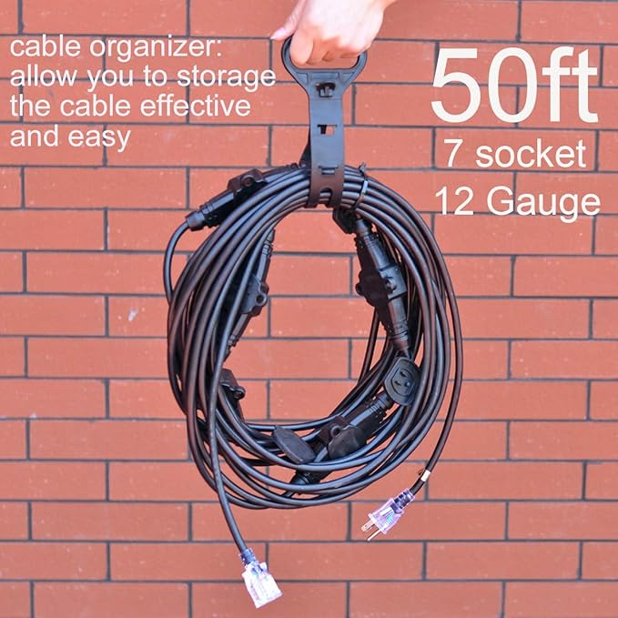 50FT 12 Gauge Outdoor Power Extension Cord,Seven Outlet Cable.Multiple Evenly-Spaced Plug Ideal for Landscaping Light,Stage Backlines,Holiday Decoration,Cord Splitter ETL Listed…