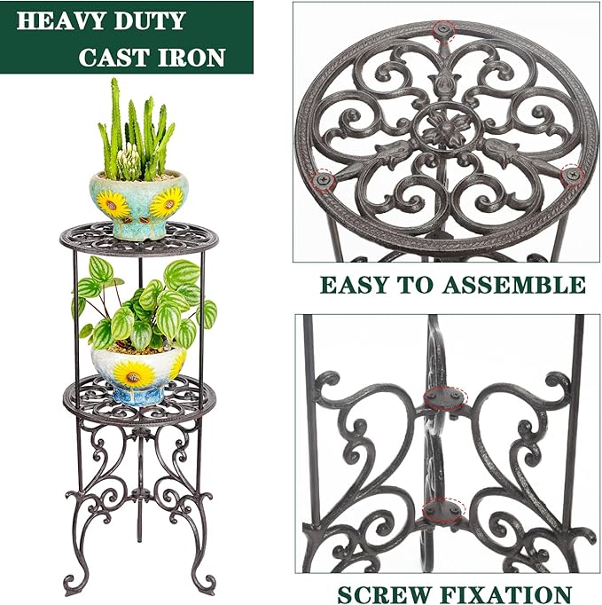 Sungmor Heavy Duty Cast Iron Potted Plant Stand,26-Inch 2 Tiers Metal Planter Rack,Decorative Flower Pot Holder,Vintage & Rustic Style Indoor Outdoor Garden Pots Container Supports