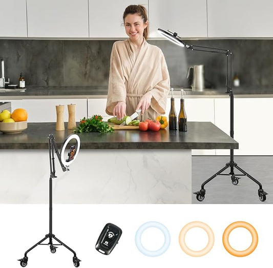 LUXSURE Ring Light Tripod for iPhone, Overhead Camera Mount with Casters,LED Ring Light with Stand and Phone Holder,Phone Tripod with Light for Video Recording/Live Streaming/Cooking