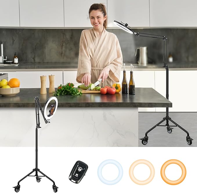 LUXSURE Ring Light Tripod for iPhone,Ring Light with Stand and Phone Holder,LED Overhead Camera Mount with Casters,Phone Tripod with Light and Remote for Video Recording/Live Stream/Cooking