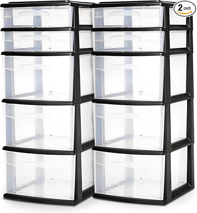 HOMZ 2-Pack Drawer Tower, 5-Tier Clear Plastic Storage Organizer Unit, Black Frame - Multi-Purpose Container Drawers for Bedroom, Bathroom, and Office Organization