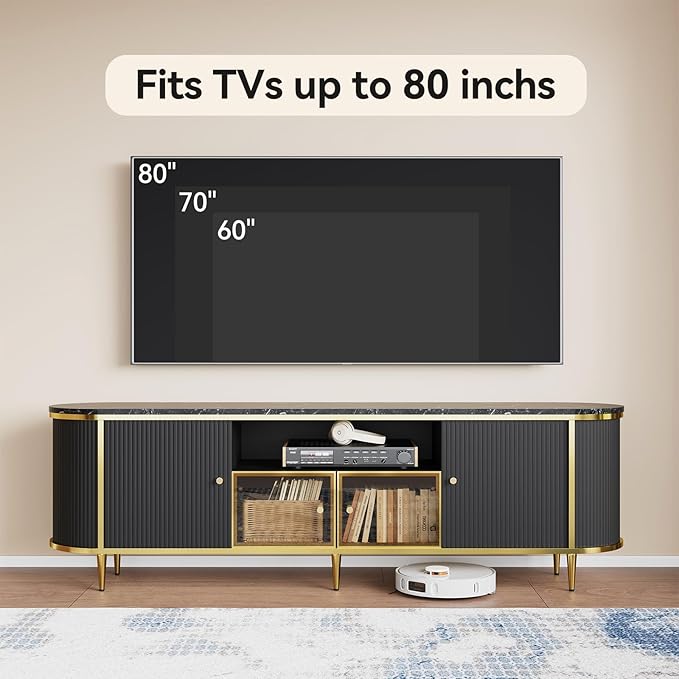 Luxury 70" Fluted TV Stand, Modern Entertainment Center for TVs Up to 80”, TV Console with Faux Marble Tabletop, Curved Profile Design, Media Console for Living Room, Black