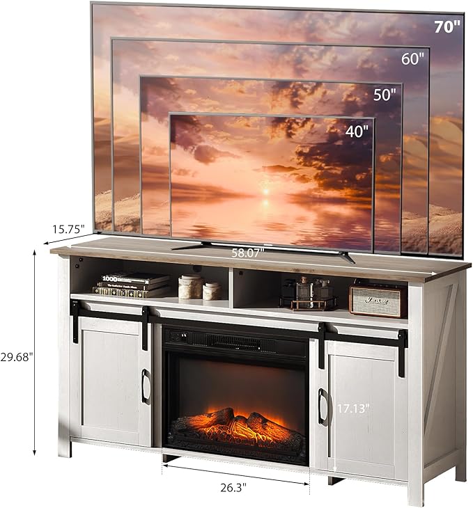 VINGLI Fireplace TV Stand with Sliding Barn Door for 70 Inch TV, Farmhouse Entertainment Center ＆ 23" Fireplace, Media Console Table with Storage Cabinets for Living Room, Distressed White & Barnwood