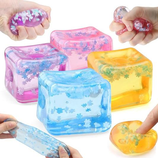 Ice Cube Fidget Toy for All Ages: 4 Pcs Sensory Squishy Fidget Toys, Square Stress Balls, Classroom Prizes, Anxiety Relief Stress Cube Gift for Kids Teens Adults