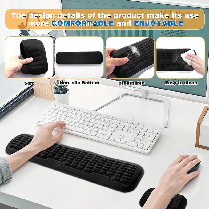 UnivoColors Memory Foam Keyboard Wrist Rest,Latest 3.0 Wave Curve Design,High-Resilience Memory Foam,Non-Slip Base Fits,Full-Sized Keyboards,Ideal for Work and Gaming(Black)