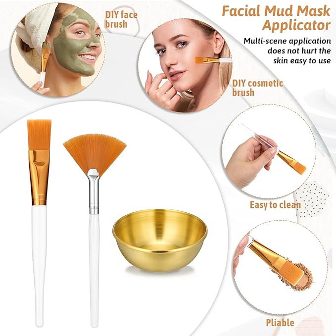 24 Pcs Esthetician Supplies for Facials Include 8pcs Facial Brushes Estheticians 8pcs Flat Brushes 8pcs Gold Facial Bowls Esthetician for Women Facial Mask Mixing Tools