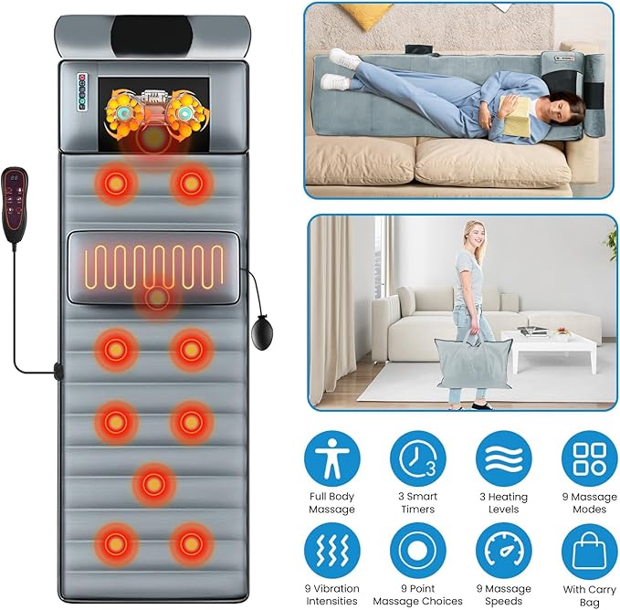 Full Body Electric Massage Mat with Heat, 10 Vibration Motors 3 Timers, Vibration Massage Pad for Bed, Back Mattress Chair Pad with Neck Massager Lumbar Pillow