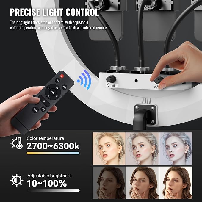 Ring Light with Stand, 19in LED Selfie Circle Light, Max 8ft/2.5m Tripod Stand, 3 Holders for iPhone, Remote Control, 6300K Color Temperature for Live Streaming, Barber, Makeup, YouTube, Tiktok