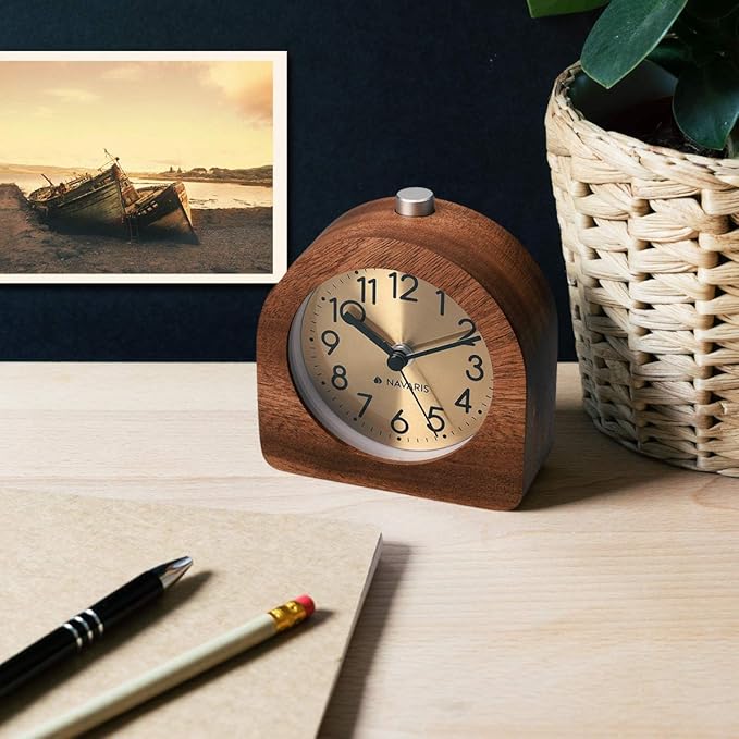 Navaris Wood Analog Alarm Clock - Half-Round Gold Face Battery-Operated Non-Ticking Clock with Snooze Button and Light - Dark Brown