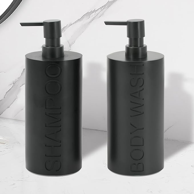 Matte Black Resin 2 Piece Shampoo and Body Wash Dispenser Set, Luxurious Refillable Pump Bottles with Matte Pump Top and Embossed Text, Durable Design for Bathroom and Shower