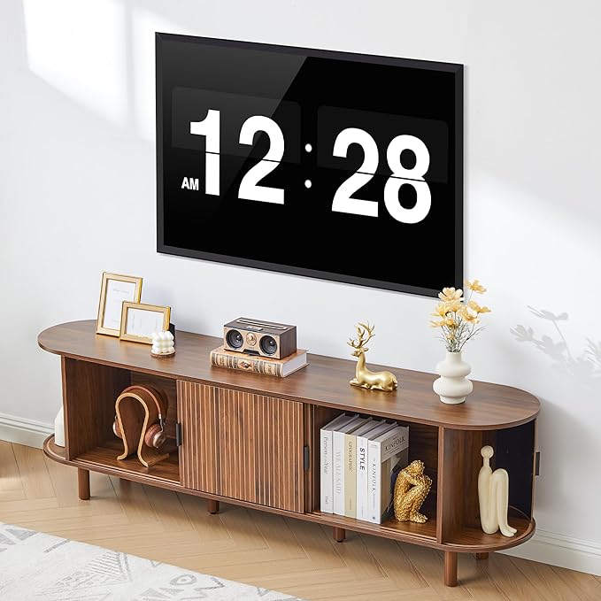 70-Inch Mid Century Modern TV Stand, Curved Entertainment Center with Fluted Sliding Doors, Storage Cabinet for TVs up to 75 Inch, Media Console for Living Room, Bedroom,Walnut