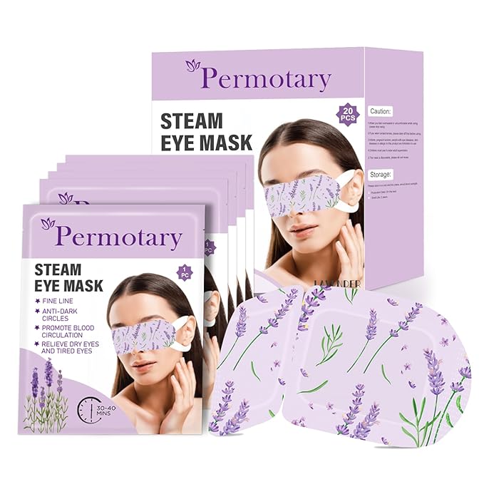 Permotary 20 Packs Steam Eye Mask, Heated Eye Mask Lavender Disposable Warm Compress Patches, Self Heating Eye Masks, Comfortable and Relax Sleep Mask, Relief Eye Fatigue, Spa Gifts, Travel Essentials