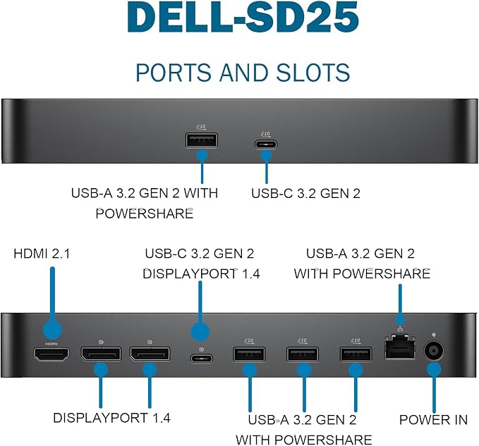 Dell Pro Smart SD25 Docking Station, Performance Dock Support for up to 4 displays - 3 Year Warranty, SD25 with 180W Power Adapter + 130W Power Delivery + HDMI Cable