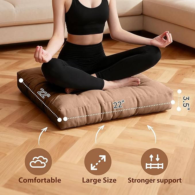 Tiita Meditation Floor Pillows, 22 Inch Square Floor Cushions for Adults, Thicken Tufted Seat Pad Set of 2, Large Floor Cushion for Yoga Garden Living Room Balcony Office Tatami, Coffee