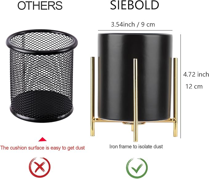 Sturdy Pen Holder Simple and elegant for Desk Matte Pencil Holder Ceramic Cute Desktop Organizer Brush Holder Cup (Black and Gold Plated)