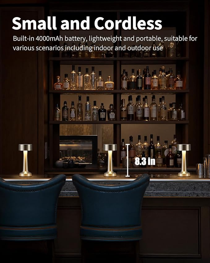 PUSU Cordless LED Nickel Small Table Lamps Set of 2, Portable Rechargeable 4000mAh Battery Operated Desk Lamp, 3 Color Stepless Dimming for Kids, Restaurant, Bedside, Outdoor, Bar, Night Light, Gift