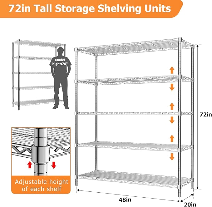 Storage Shelves Heavy Duty, 4 PCS 48" L x 20" W x 72" H Garage Wire Shelving Unit Loads 2000LBS, 5-Tier Adjustable Metal Industrial Utility Shelf Rack for Kitchen, Laundry Room, Warehouse, Basement