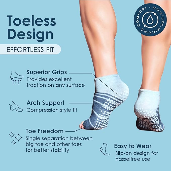 Tucketts Anklet Toeless Pilates Socks with Grips for Women, Non-Slip Ankle Toeless Yoga Socks with Grips for Barre, Size 5-13