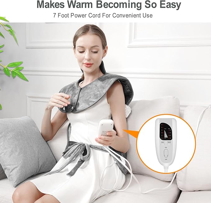 Fast Heating Electric Heating Pad for Neck and Shoulder and Back with 6 Heating Settings & 4 Timer, Large Size Heated Wrap with Auto Shut Off & Machine Washable (Silver Gray, 37x24 inch)