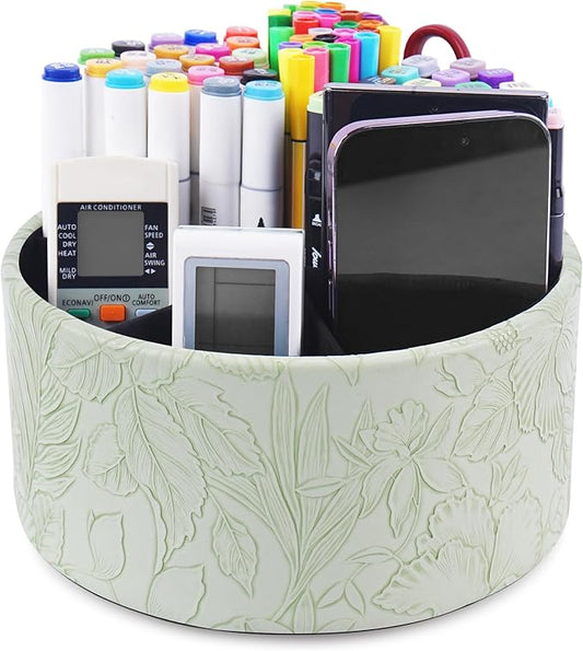 Hennaja Remote Control Holder, 360°Spinning PU Leather Desk TV Remote Caddy,Desk Storage Box Room Accessories for Controller, Media,Mail,Calculator, Mobile Phone,Pencil(1-Carved Green1)