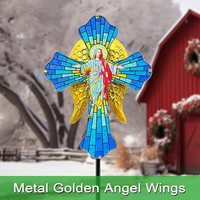 Solar Jesus Cross for Gemetery Graver,Golden Angel Wings,Grave Decorations for Cemetery,Sympathy Memorial Gifts,Christmas Yard Decor Outdoor