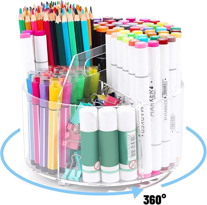 Acrylic Pen Holder, 360 Degree Rotating Desk Organizer, Marker & Pencil Holder for Art Supply Storage