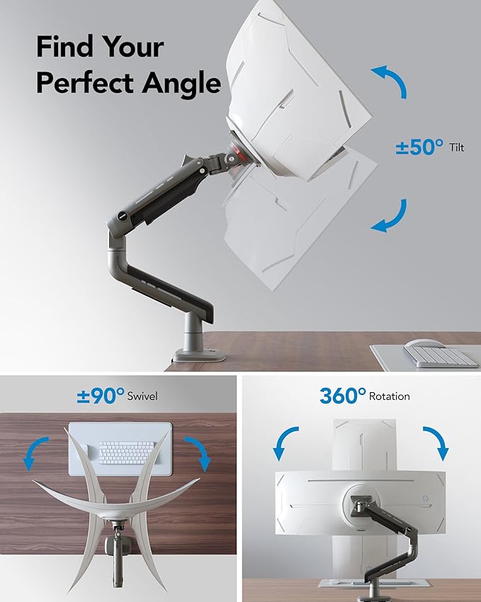 HUANUO TitanLift™ Heavy Duty Monitor Arm for Ultrawide Screens up to 49", Holds 40 lbs, Aluminum Ultrawide Screen Desk Mount, Fully Adjustable Single Monitor Mount with Dual C-Clamp, Max VESA 100x100