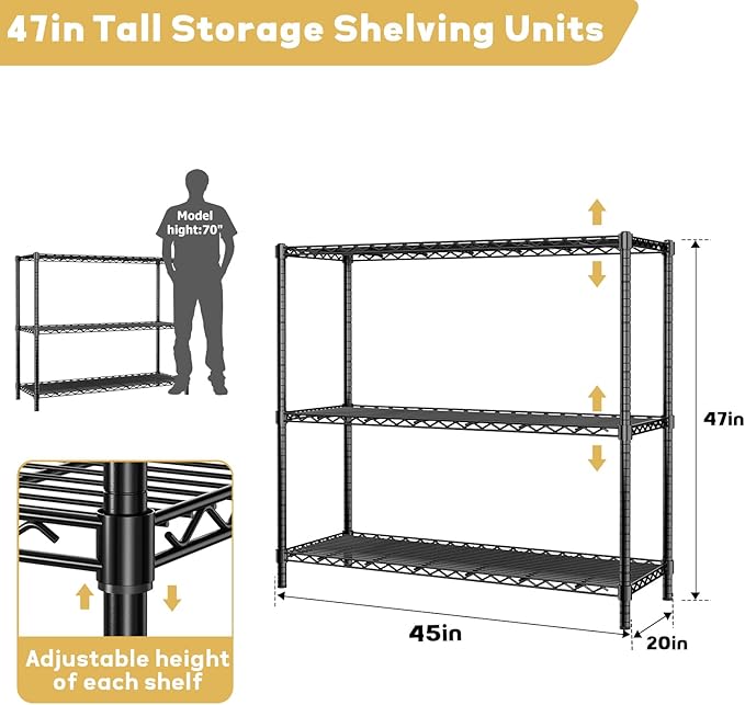 Storage Shelves Heavy Duty, 45" W x 20" D x 47" H Garage Wire Shelving Unit Loads 1200LBS, 3-Tier Adjustable Metal Industrial Utility Shelf Rack for Kitchen, Laundry Room, Pantry, Warehouse, Basement