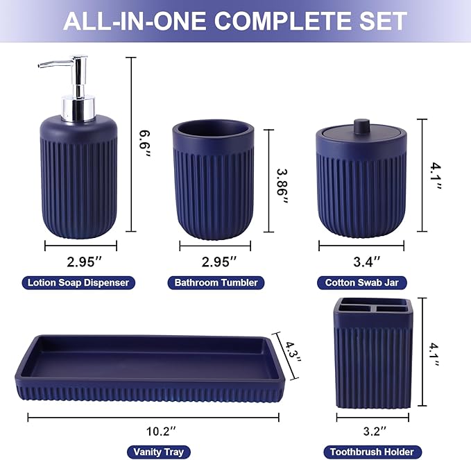 Resin Navy Blue Bathroom Accessories Set 5 Pcs, Lotion Soap Dispenser, Toothbrush Holder, Bathroom Tumbler, Qtip Holder and Vanity Tray, Bathroom Countertop Organizer Set for Modern Apartment